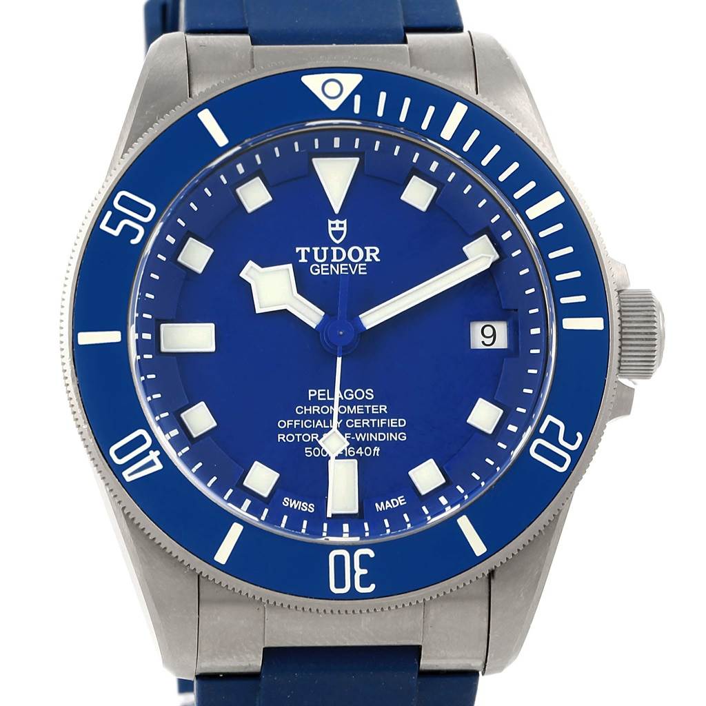 The image shows a frontal view of the Tudor Pelagos 25600TB Men's Titanium Blue Dial 25600TB Men's Titanium Blue Dial watch, highlighting its blue dial, bezel, hands, and date display.