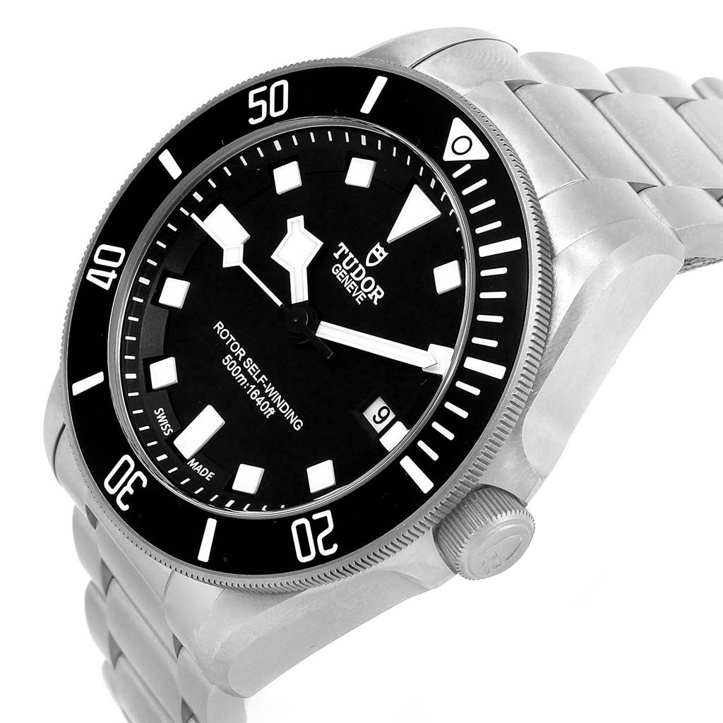 This image shows a close-up, angled view of the Tudor Pelagos 25500TN Men's Titanium Black Dial 25500TN Men's Titanium Black Dial watch, highlighting its black dial, bezel, and stainless steel bracelet.