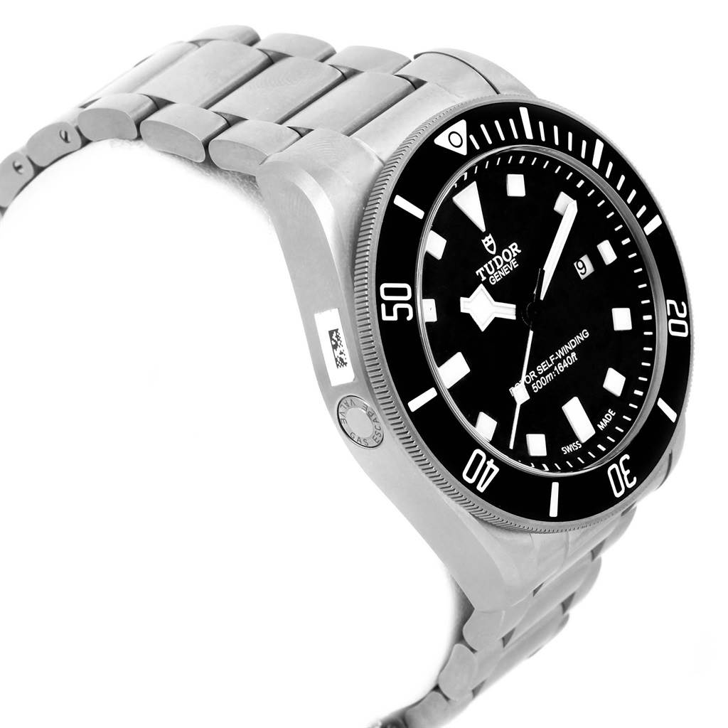 This image shows a side view of the Tudor Pelagos 25500TN Men's Titanium Black Dial 25500TN Men's Titanium Black Dial watch, highlighting the dial, bezel, and part of the metal bracelet.