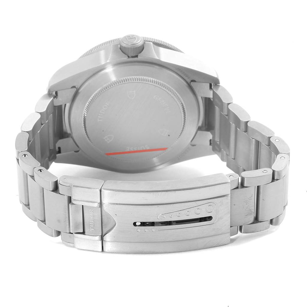 The image shows the back case and stainless steel bracelet of a Tudor Pelagos 25500TN Men's Titanium Black Dial 25500TN Men's Titanium Black Dial watch, viewed from the rear angle.