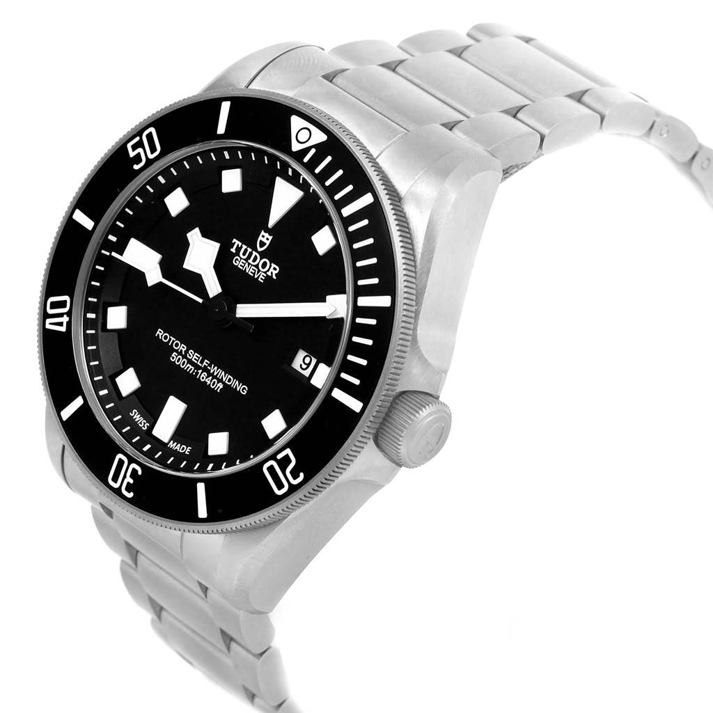 The image shows a Tudor Pelagos 25500TN Men's Titanium Black Dial 25500TN Men's Titanium Black Dial watch, angled to display its face and part of the bracelet and bezel.