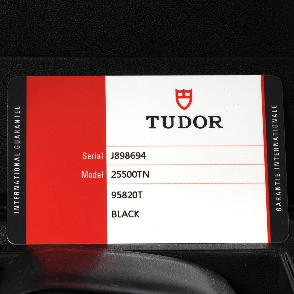 The image shows the international guarantee card for a Tudor Pelagos 25500TN Men's Titanium Black Dial 25500TN Men's Titanium Black Dial watch, displaying the serial and model numbers.