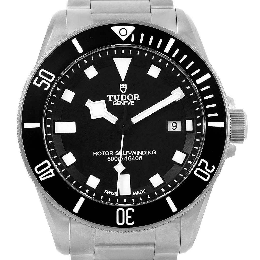 This image shows a front view of the Tudor Pelagos 25500TN Men's Titanium Black Dial 25500TN Men's Titanium Black Dial watch displaying the face, bezel, and part of the bracelet.