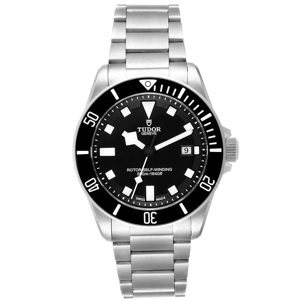 This image shows a frontal view of the Tudor Pelagos 25500TN Men's Titanium Black Dial 25500TN Men's Titanium Black Dial watch, highlighting its dial, bezel, and bracelet.