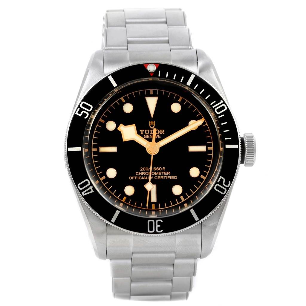 The image shows a front view of a Tudor Heritage Black Bay 79230N Men's Stainless Steel Black Dial 79230N Men's Stainless Steel Black Dial watch, displaying its dial, bezel, case, and bracelet.