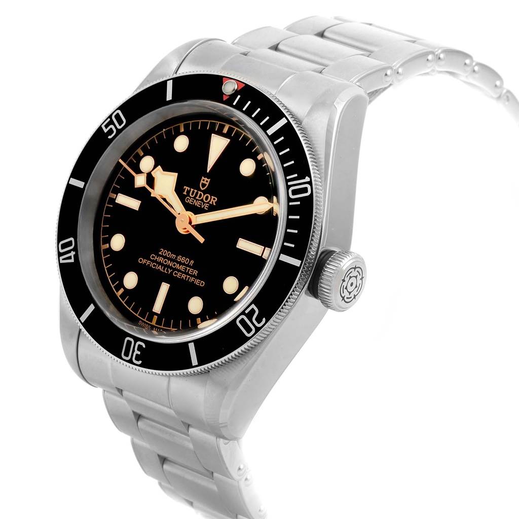 This image shows a Tudor Heritage Black Bay 79230N Men's Stainless Steel Black Dial 79230N Men's Stainless Steel Black Dial watch from a front angle highlighting the dial, bezel, and bracelet.