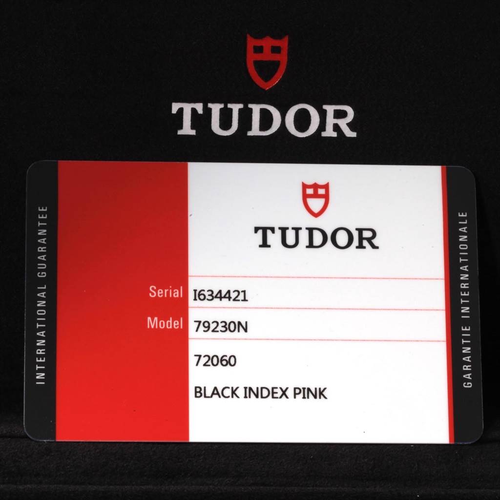 The image shows the international guarantee card for the Tudor Heritage Black Bay 79230N Men's Stainless Steel Black Dial 79230N Men's Stainless Steel Black Dial model.