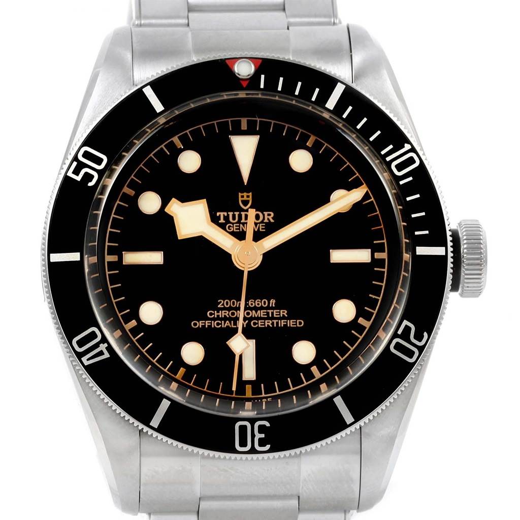 The image shows a front view of the Tudor Heritage Black Bay 79230N Men's Stainless Steel Black Dial 79230N Men's Stainless Steel Black Dial watch, highlighting its black dial, bezel, crown, and stainless steel bracelet.