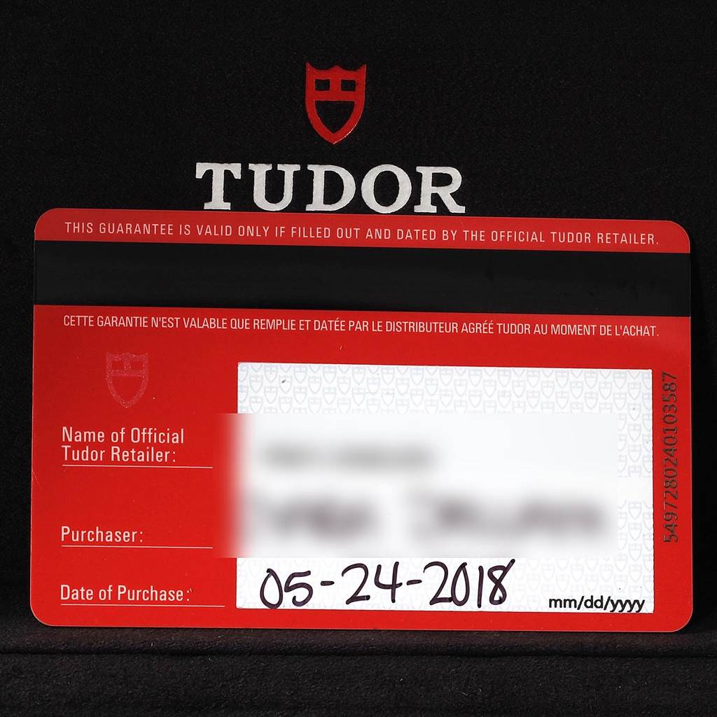 This image shows the warranty card for a Tudor Heritage Black Bay 79230N Men's Stainless Steel Black Dial 79230N Men's Stainless Steel Black Dial watch, highlighting the purchase date and retailer details.