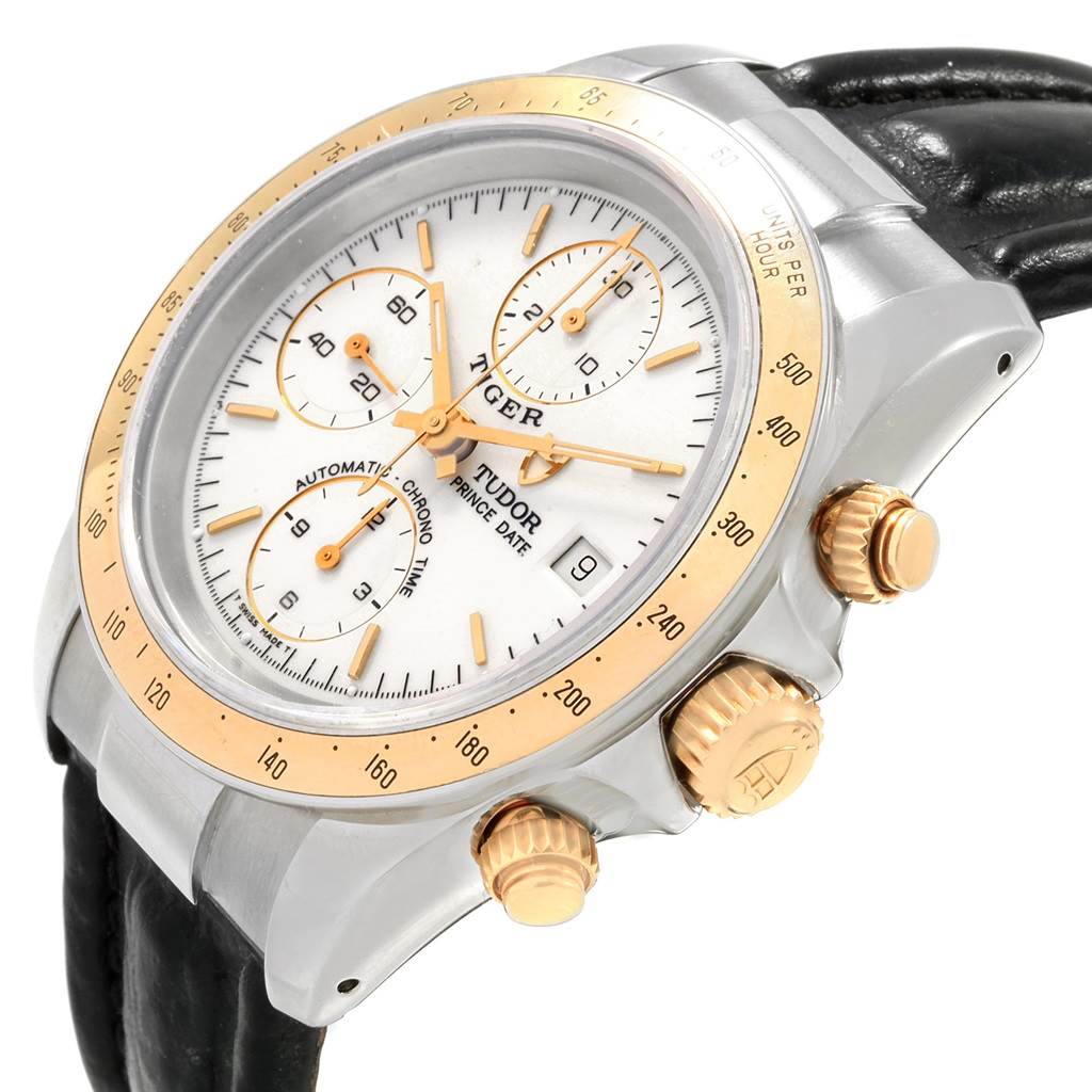 The Tudor Tiger 79263 Men's Steel and Gold (two tone) White Dial 79263 Men's Steel and Gold (two tone) White Dial watch is shown from a side angle, highlighting its face, bezel, crown, push buttons, and leather strap.