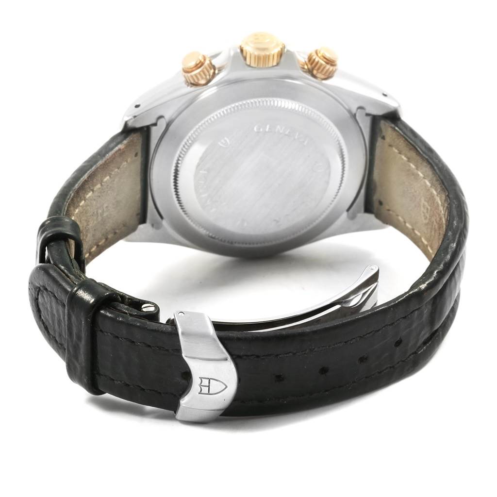 This angle shows the back and clasp of a Tudor Tiger 79263 Men's Steel and Gold (two tone) White Dial 79263 Men's Steel and Gold (two tone) White Dial model watch, highlighting the case, crown, and leather strap.
