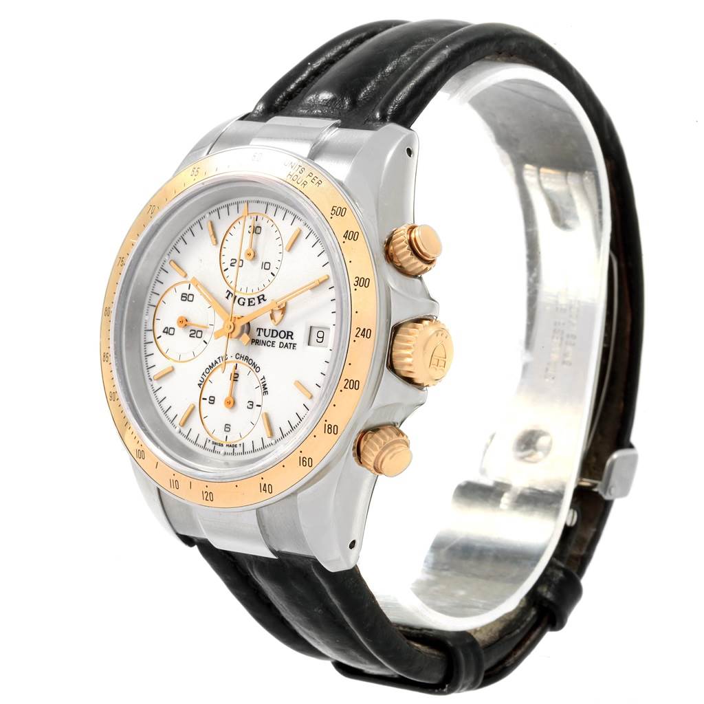 This image shows a side and front view of a Tudor Tiger 79263 Men's Steel and Gold (two tone) White Dial 79263 Men's Steel and Gold (two tone) White Dial watch, detailing the face, crown, and pushers.
