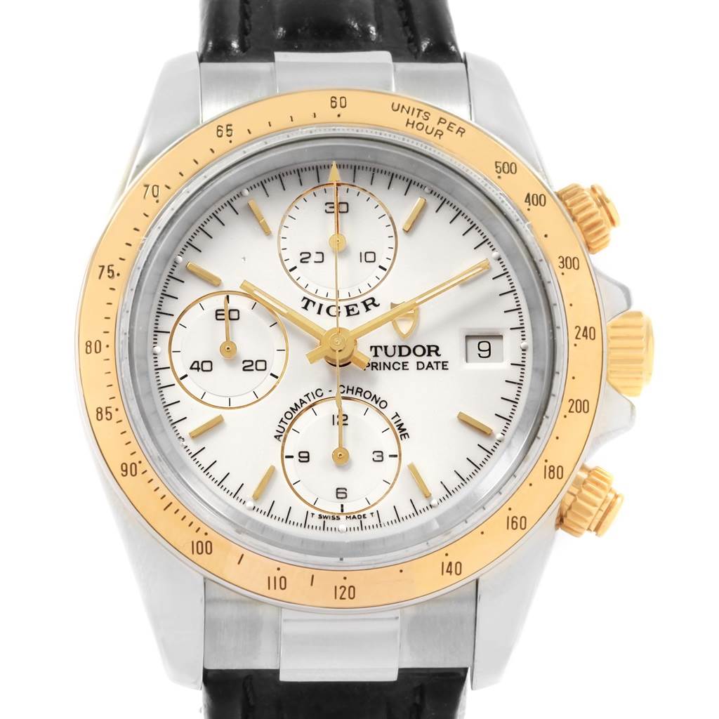 The image shows a front view of the Tudor Tiger 79263 Men's Steel and Gold (two tone) White Dial 79263 Men's Steel and Gold (two tone) White Dial model watch with its gold bezel, chronograph subdials, and date window.
