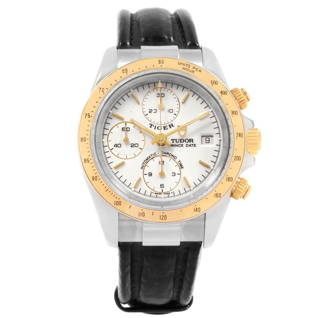 The image shows a front view of the Tudor Tiger 79263 Men's Steel and Gold (two tone) White Dial 79263 Men's Steel and Gold (two tone) White Dial model watch, displaying the dial, bezel, pushers, and leather strap.