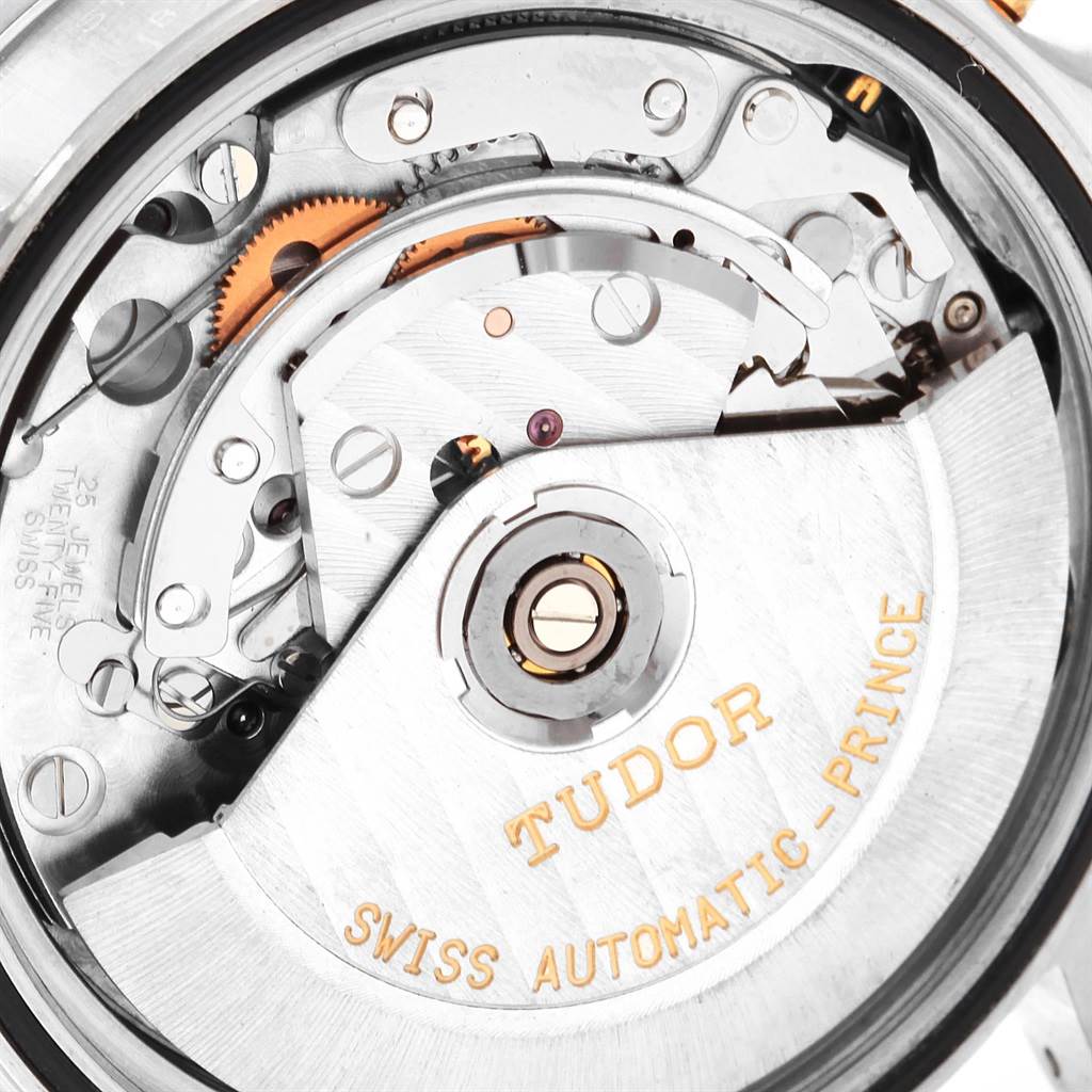 The image shows the internal automatic movement mechanism of the Tudor Tiger 79263 Men's Steel and Gold (two tone) White Dial 79263 Men's Steel and Gold (two tone) White Dial watch model viewed from a close-up angle.
