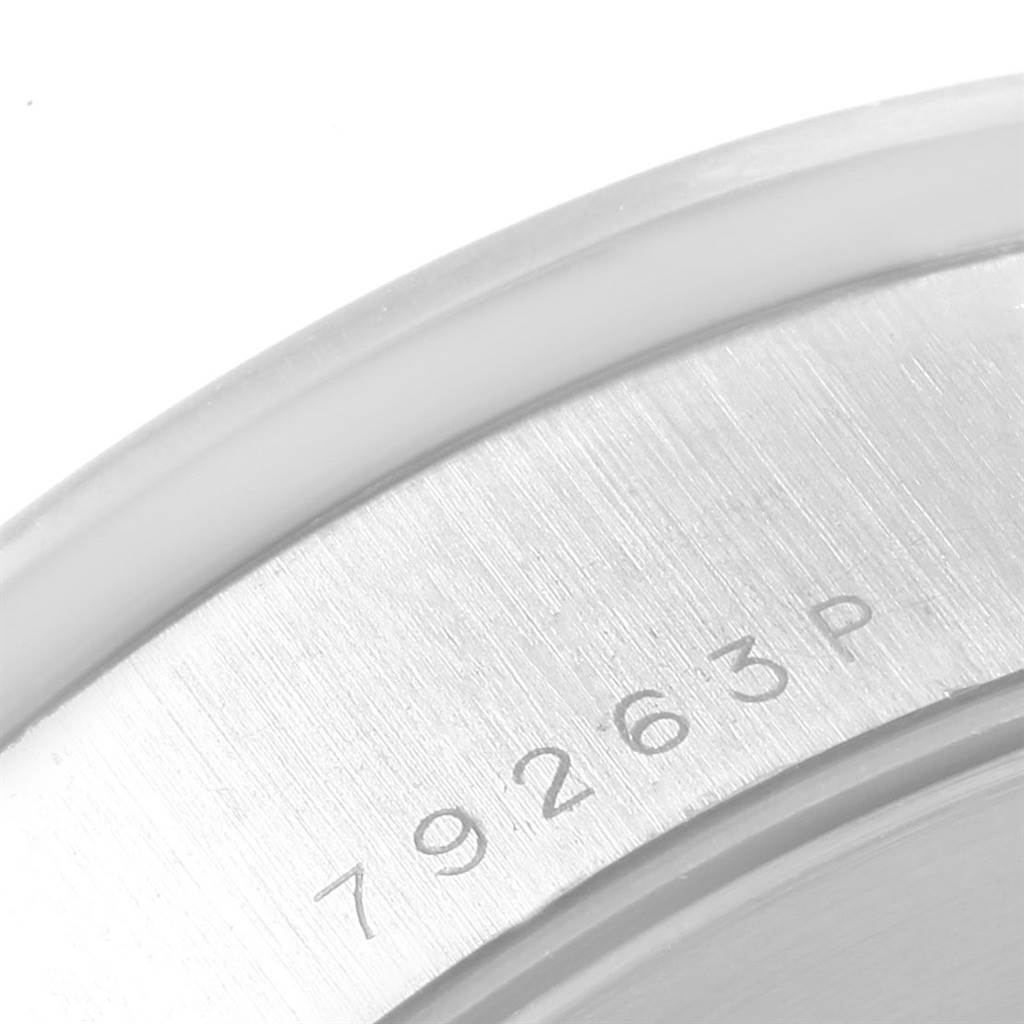 The image shows a close-up of the case back, revealing the model number 79263P of the Tudor Tiger 79263 Men's Steel and Gold (two tone) White Dial 79263 Men's Steel and Gold (two tone) White Dial watch.