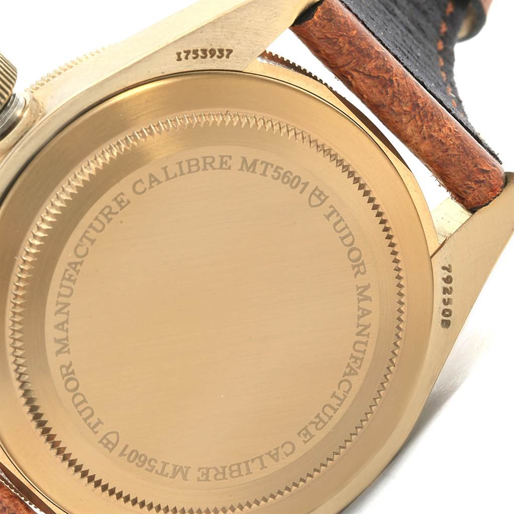 This image shows the case back and part of the straps of the Tudor Heritage Black Bay 79250 Men's Bronze Brown Dial 79250 Men's Bronze Brown Dial watch.