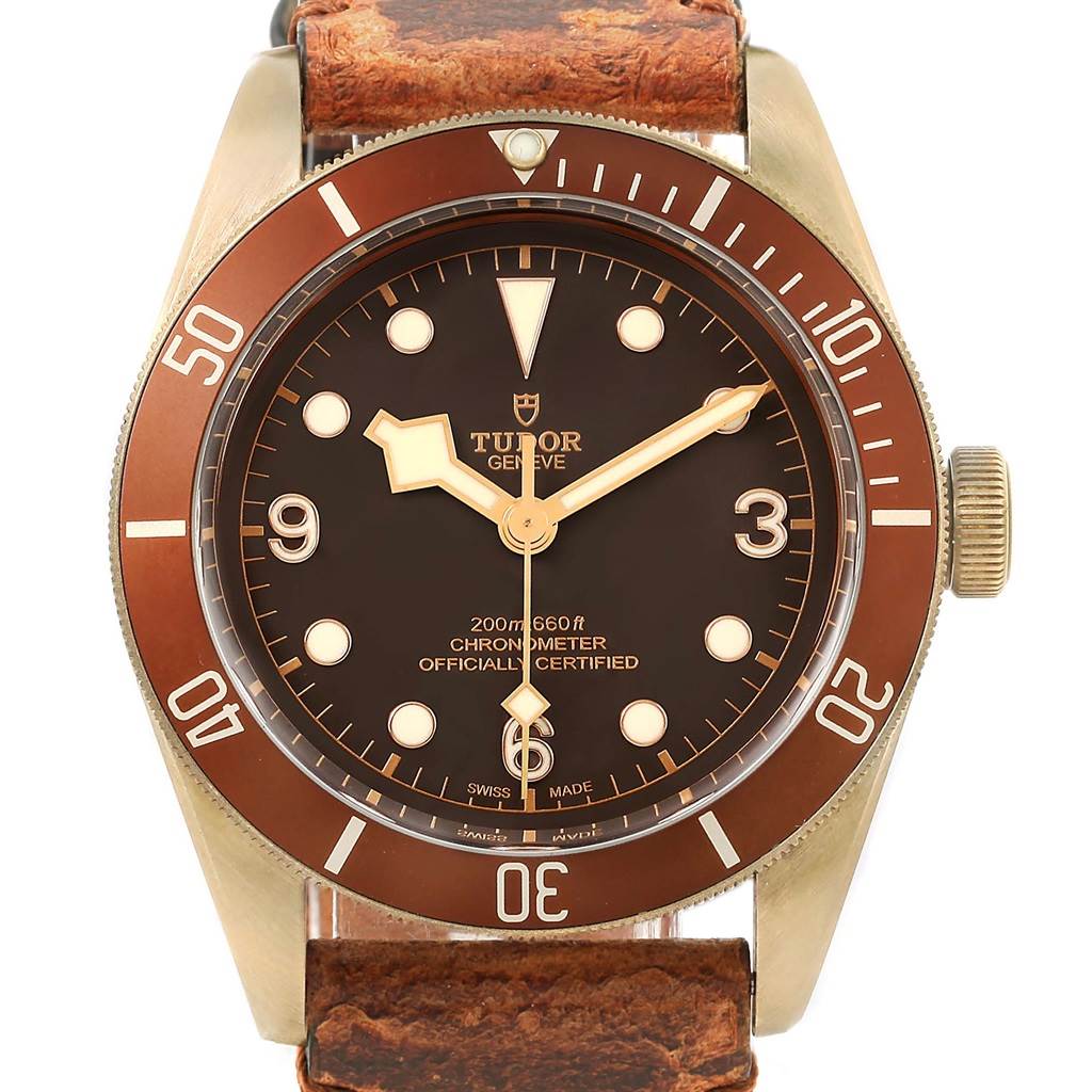 The image shows a front view of the Tudor Heritage Black Bay 79250 Men's Bronze Brown Dial 79250 Men's Bronze Brown Dial watch, focusing on the dial, bezel, and part of the leather strap.