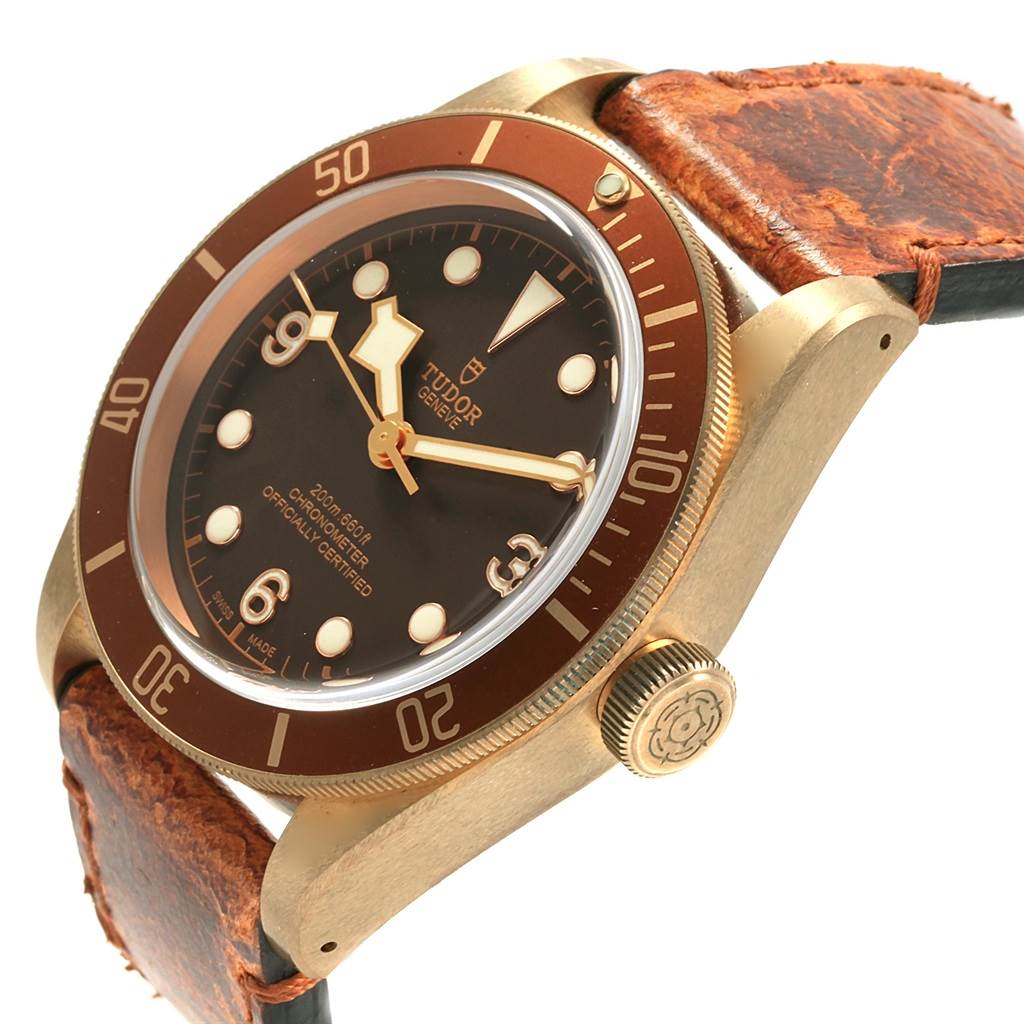 The image shows a Tudor Heritage Black Bay 79250 Men's Bronze Brown Dial 79250 Men's Bronze Brown Dial watch at a slight angle, displaying its bronze case, brown bezel, face, crown, and leather strap.