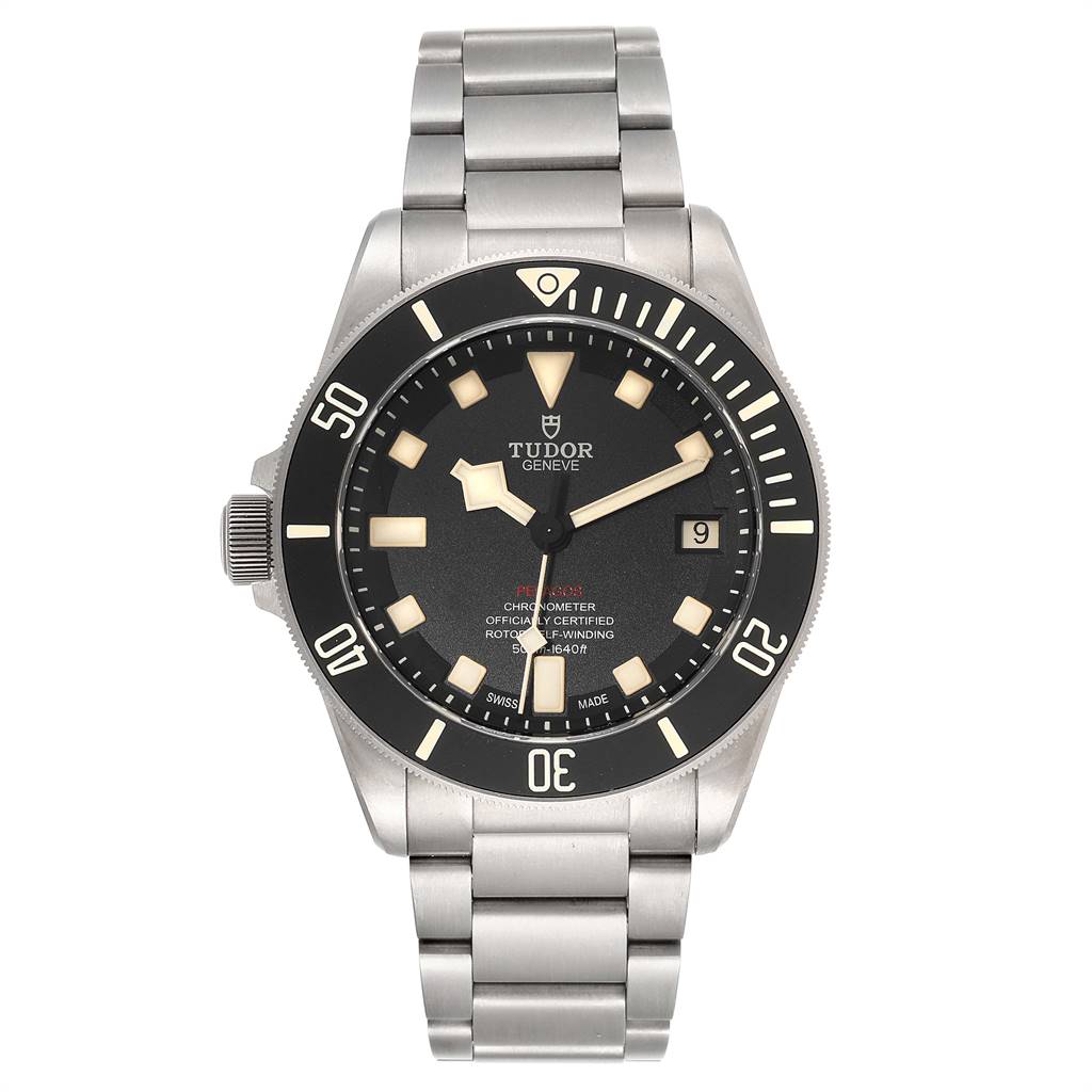 The image shows a front view of the Tudor Pelagos 25610TNL Men's Titanium Black Dial 25610TNL Men's Titanium Black Dial watch, displaying its dial, bezel, and bracelet.