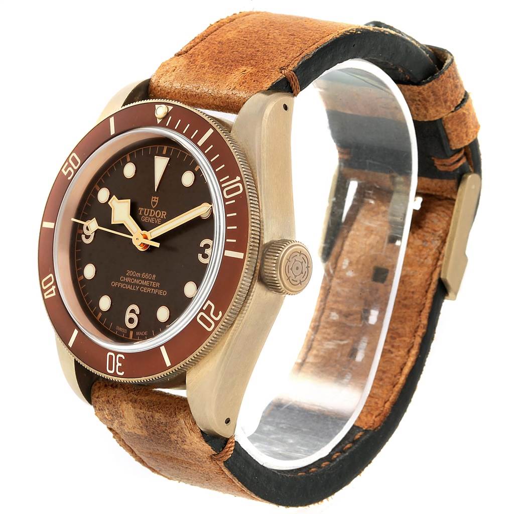 The Tudor Heritage Black Bay 79250B Men's Bronze Brown Dial 79250B Men's Bronze Brown Dial watch is shown at an angled side view, highlighting the bezel, crown, dial, and leather strap.