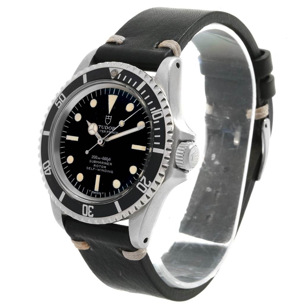 This image shows a Tudor Submariner 7928 Men's Stainless Steel Black Dial 7928 Men's Stainless Steel Black Dial watch from an angled side view, displaying the face, bezel, crown, and leather strap.