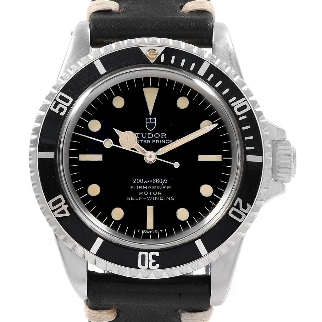 The image shows a front view of a Tudor Submariner 7928 Men's Stainless Steel Black Dial 7928 Men's Stainless Steel Black Dial watch, displaying the dial, bezel, and leather strap.