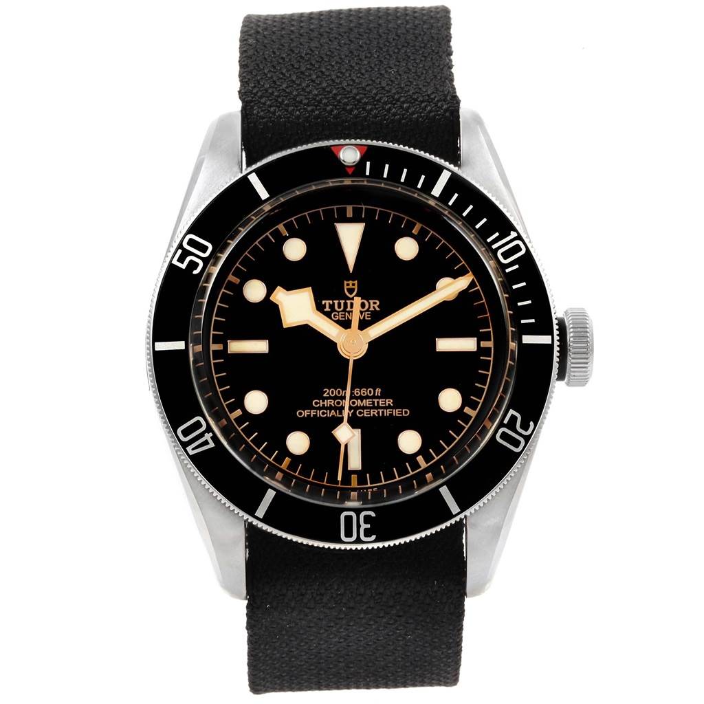 The image shows a front view of the Tudor Heritage Black Bay 79230 Men's Stainless Steel Black Dial 79230 Men's Stainless Steel Black Dial watch, displaying its dial, bezel, and strap.