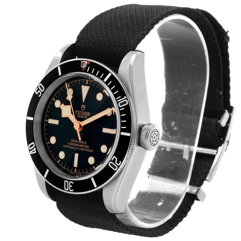 The image shows a Tudor Heritage Black Bay 79230 Men's Stainless Steel Black Dial 79230 Men's Stainless Steel Black Dial watch from a side-front angle, highlighting the bezel, crown, face, and strap.