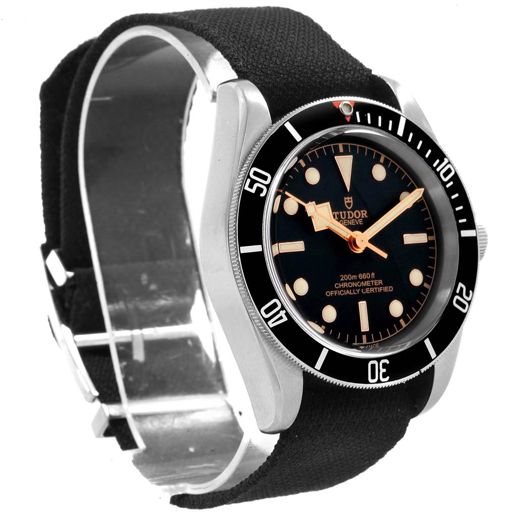 The Tudor Heritage Black Bay 79230 Men's Stainless Steel Black Dial 79230 Men's Stainless Steel Black Dial watch is shown from an angled side view, displaying the case, bezel, dial, and part of the strap.