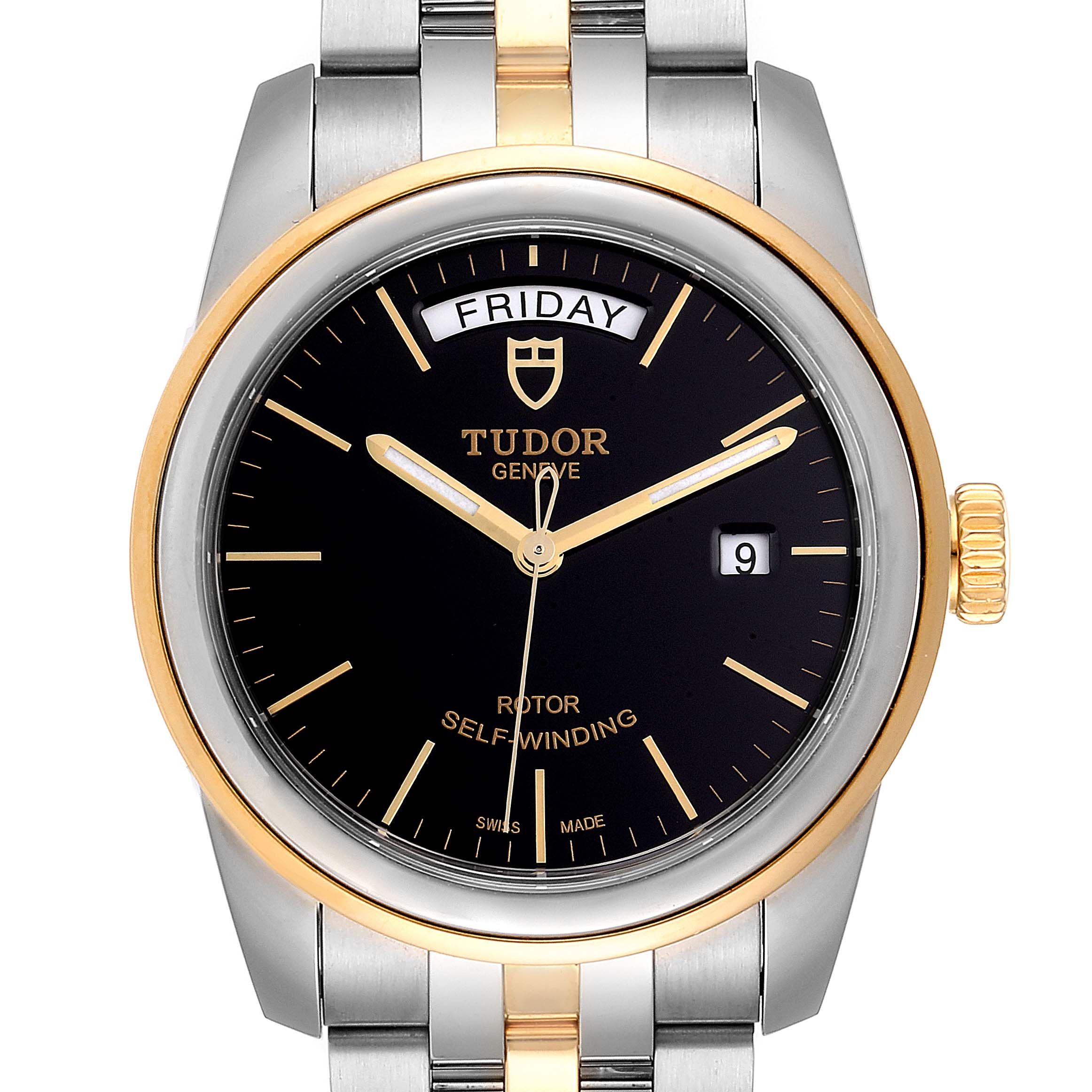 The Tudor Glamour 56003 Men's Steel and Gold (two tone) Black Dial 56003 Men's Steel and Gold (two tone) Black Dial model watch is shown from a front angle, highlighting its face, bezel, crown, and part of the bracelet.