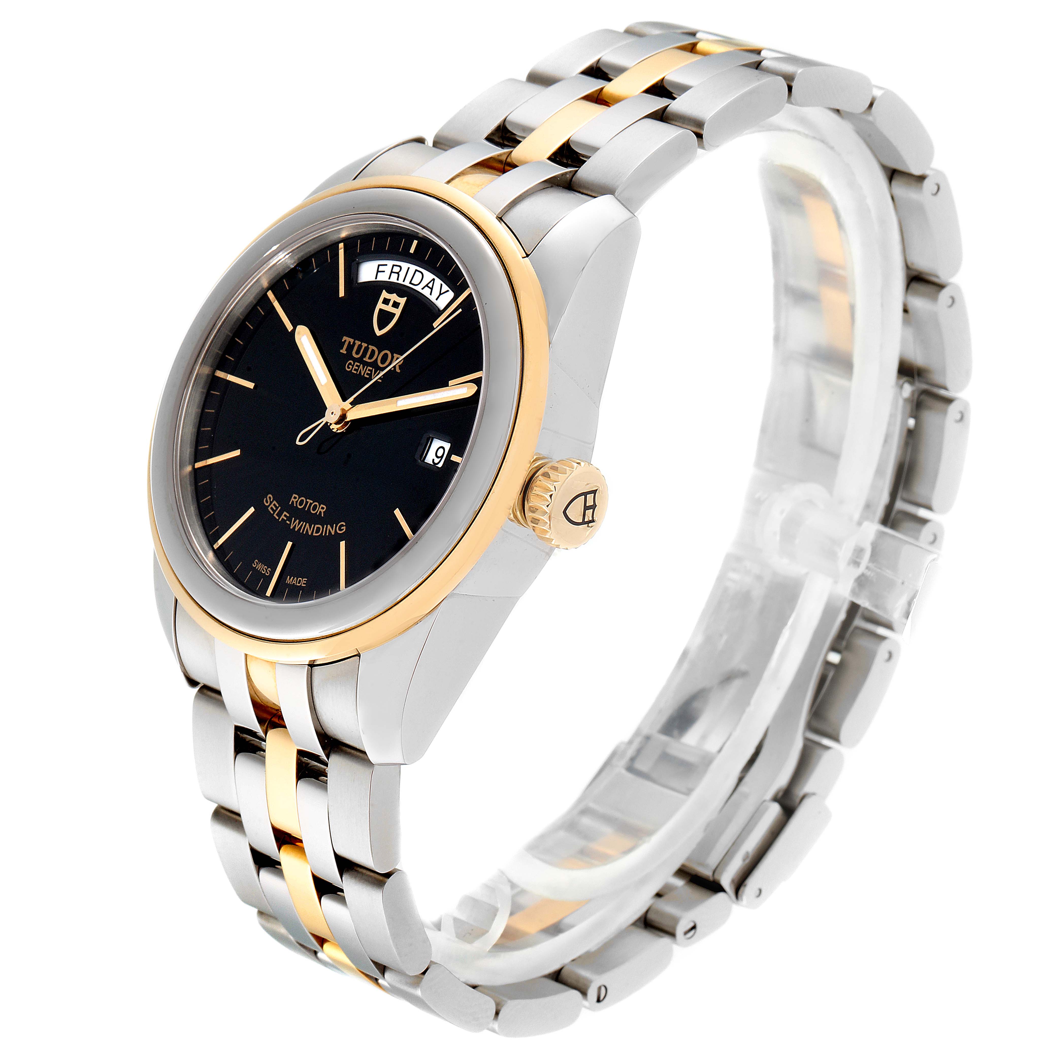 The Tudor Glamour 56003 Men's Steel and Gold (two tone) Black Dial 56003 Men's Steel and Gold (two tone) Black Dial model watch is shown at a three-quarter angle, highlighting its black dial, gold bezel, and two-tone bracelet.
