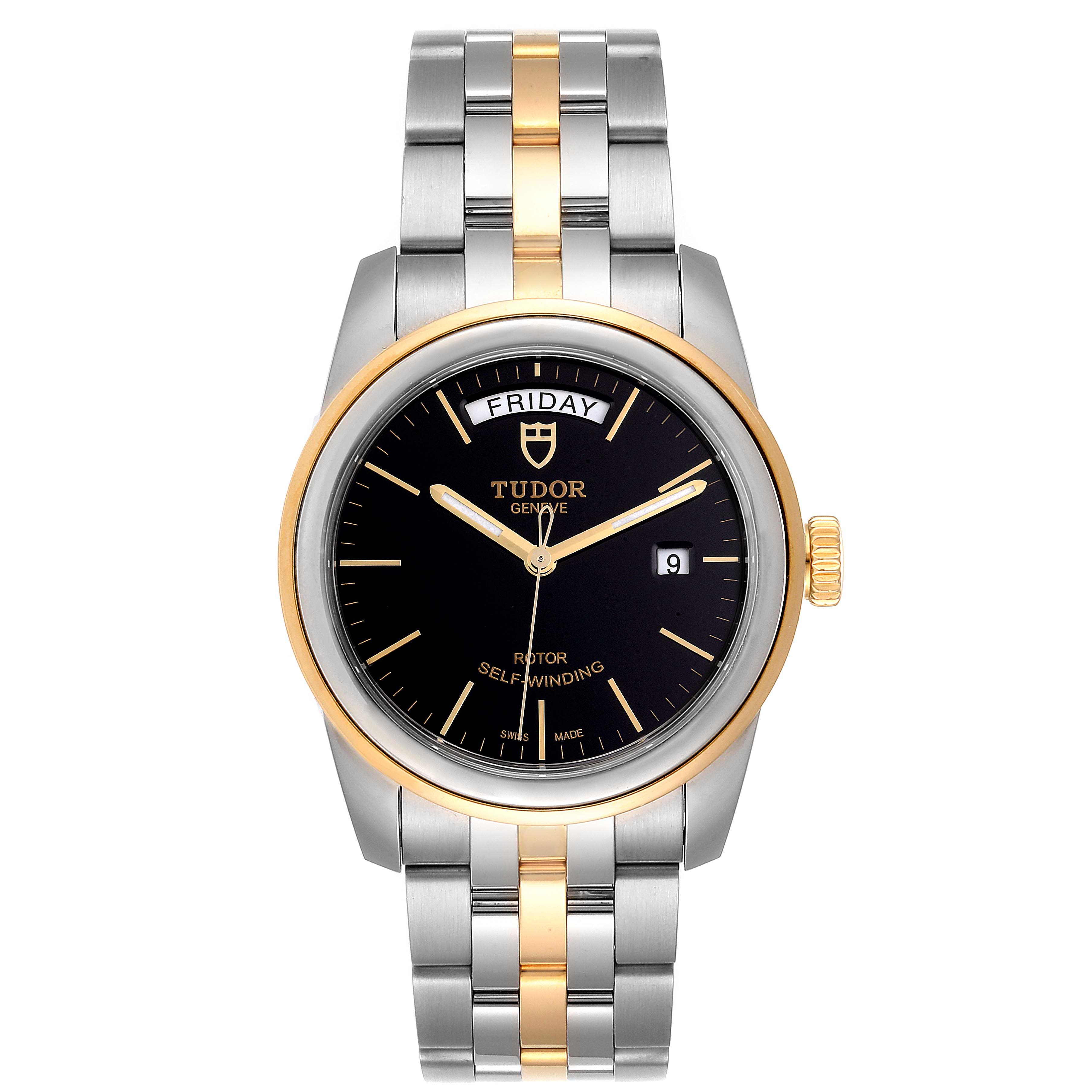 This Tudor Glamour 56003 Men's Steel and Gold (two tone) Black Dial 56003 Men's Steel and Gold (two tone) Black Dial model watch is shown from a top-down angle, highlighting its face, bezel, and two-tone bracelet.