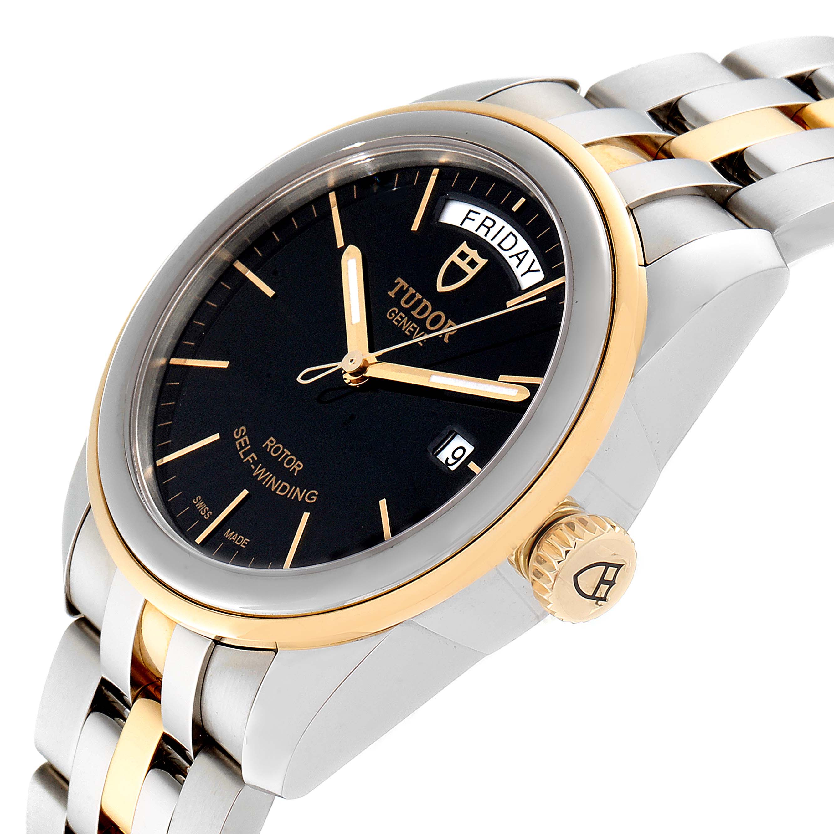 The image shows a Tudor Glamour 56003 Men's Steel and Gold (two tone) Black Dial 56003 Men's Steel and Gold (two tone) Black Dial watch from an angled side view, detailing the dial, crown, and two-tone bracelet.