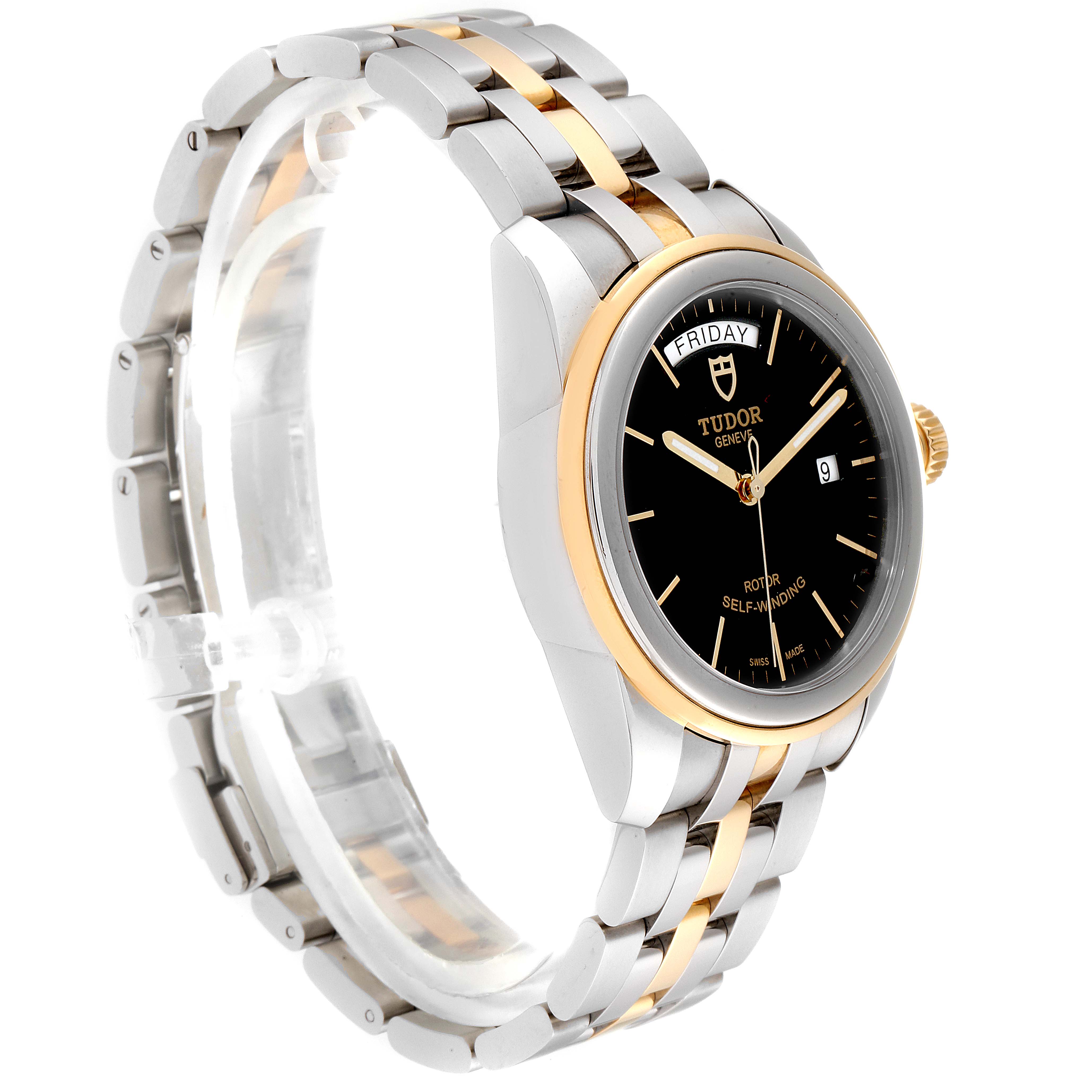 This image shows the Tudor Glamour 56003 Men's Steel and Gold (two tone) Black Dial 56003 Men's Steel and Gold (two tone) Black Dial model watch from a side angle, displaying its two-tone bracelet and black dial.