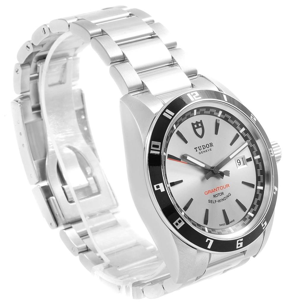 The image shows a Tudor Grantour 20500N Men's Stainless Steel Silver Dial 20500N Men's Stainless Steel Silver Dial watch at an angled view, displaying the case, dial, bezel, and part of the bracelet.