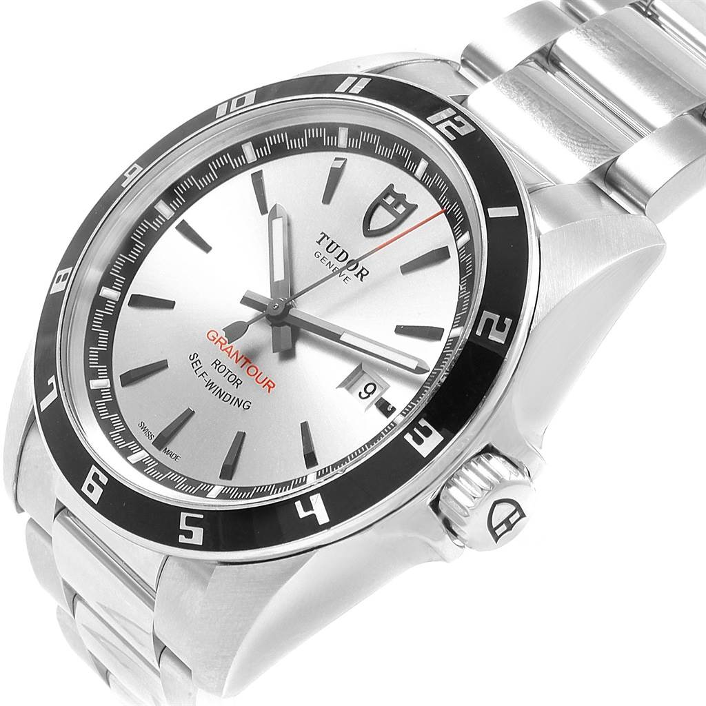 The image shows a Tudor Grantour 20500N Men's Stainless Steel Silver Dial 20500N Men's Stainless Steel Silver Dial watch at a slight angle, displaying the face, bezel, crown, and part of the stainless steel bracelet.