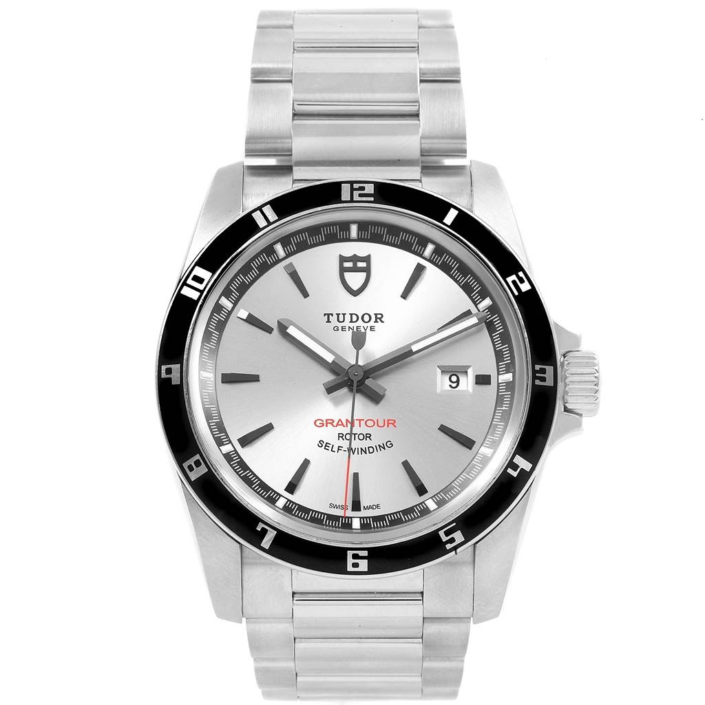 The image shows a frontal view of the Tudor Grantour 20500N Men's Stainless Steel Silver Dial 20500N Men's Stainless Steel Silver Dial watch, highlighting the dial, bezel, and metal bracelet.