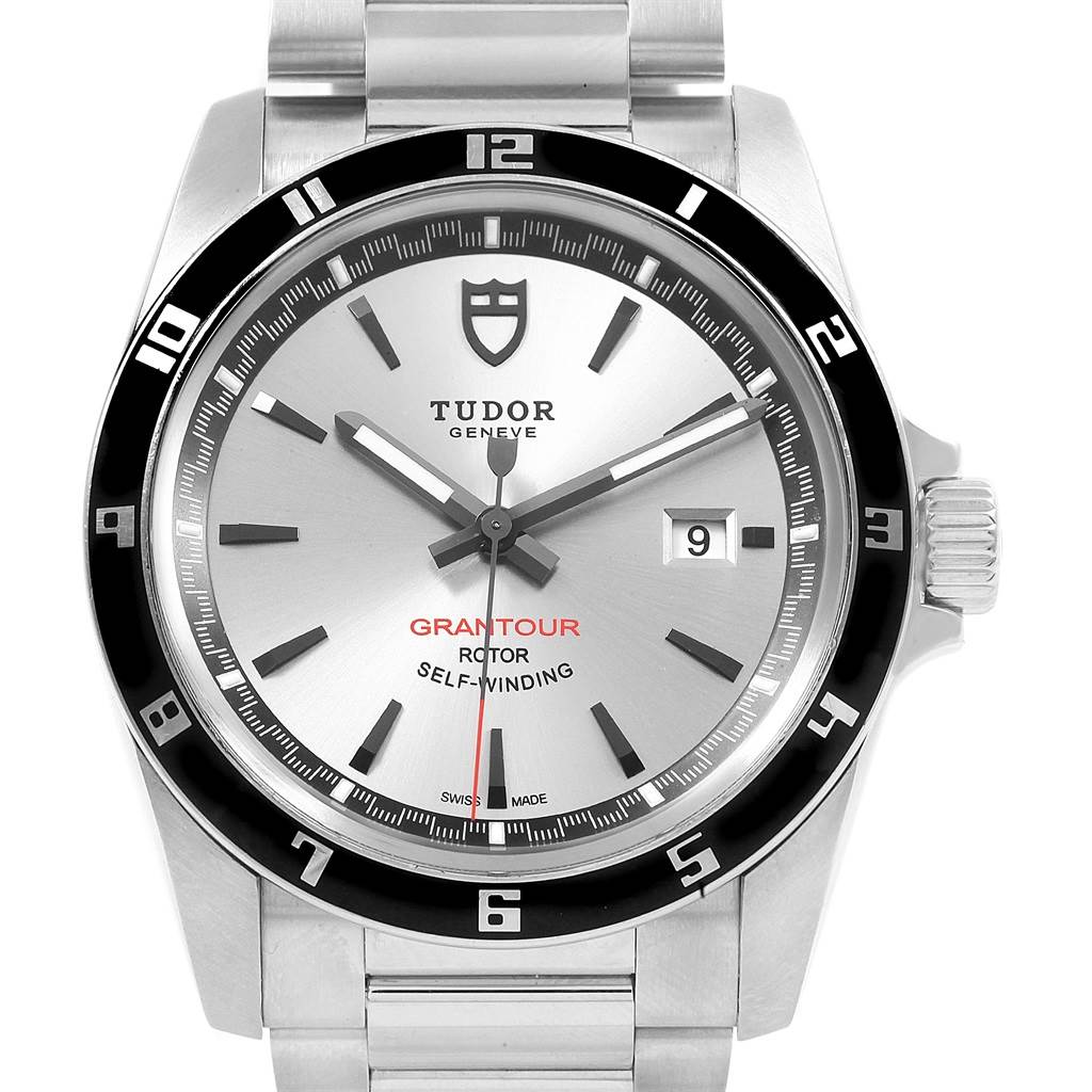 The image shows a front view of the Tudor Grantour 20500N Men's Stainless Steel Silver Dial 20500N Men's Stainless Steel Silver Dial watch, displaying its dial, bezel, crown, and part of the bracelet.