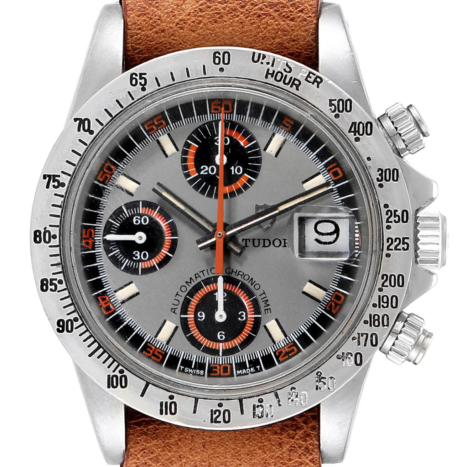 This image shows a front view of a Tudor Big Block 94300 Men's Stainless Steel Grey Dial 94300 Men's Stainless Steel Grey Dial watch, highlighting its dial, bezel, chronograph subdials, and date display.