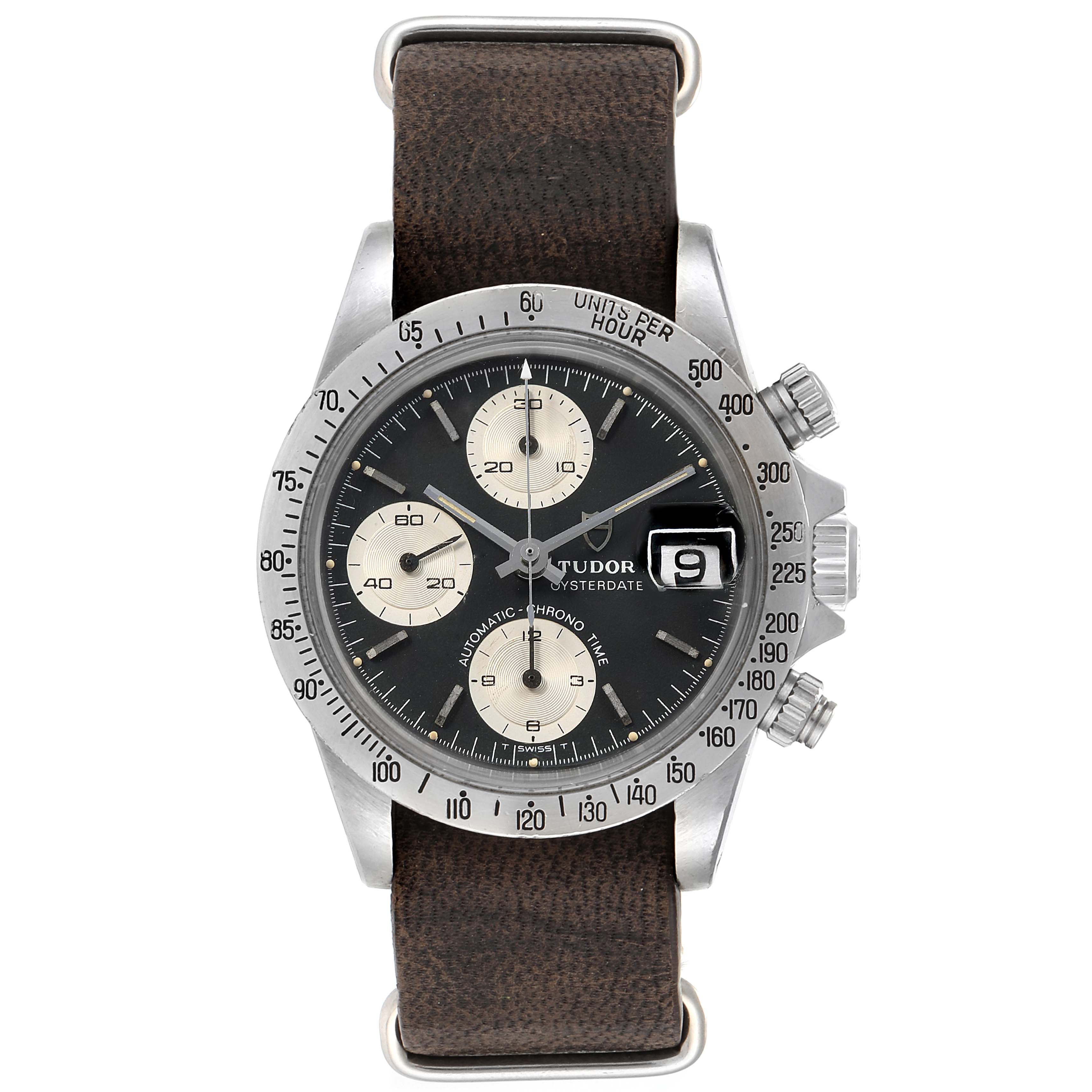 The image shows a frontal view of the Tudor Big Block 94300 Men's Stainless Steel Black Dial 94300 Men's Stainless Steel Black Dial watch, displaying its dial, bezel, sub-dials, and crown.