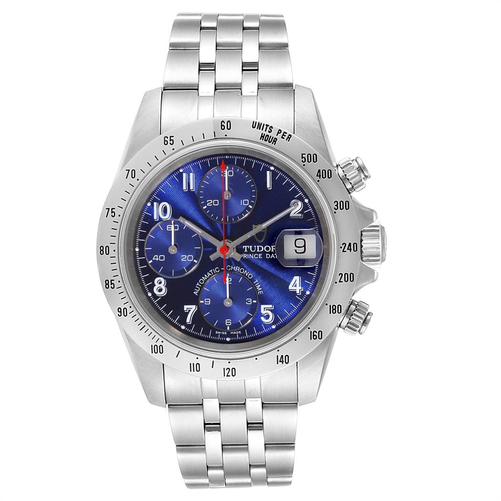 The image shows a front view of a Tudor Prince 79280 Men's Stainless Steel Blue Dial 79280 Men's Stainless Steel Blue Dial watch, highlighting its blue dial, chronograph sub-dials, and stainless steel bracelet.