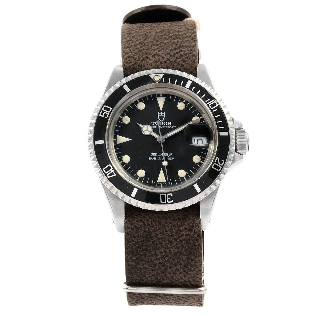 The Tudor Submariner 79090 Men's Stainless Steel Black Dial 79090 Men's Stainless Steel Black Dial watch is shown from a front angle, highlighting its dial, bezel, and strap.
