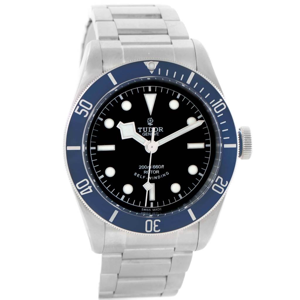 The image shows the Tudor Heritage Black Bay 79220 Men's Stainless Steel Black Dial 79220 Men's Stainless Steel Black Dial watch from a front angle, highlighting the dial, bezel, hands, and bracelet.