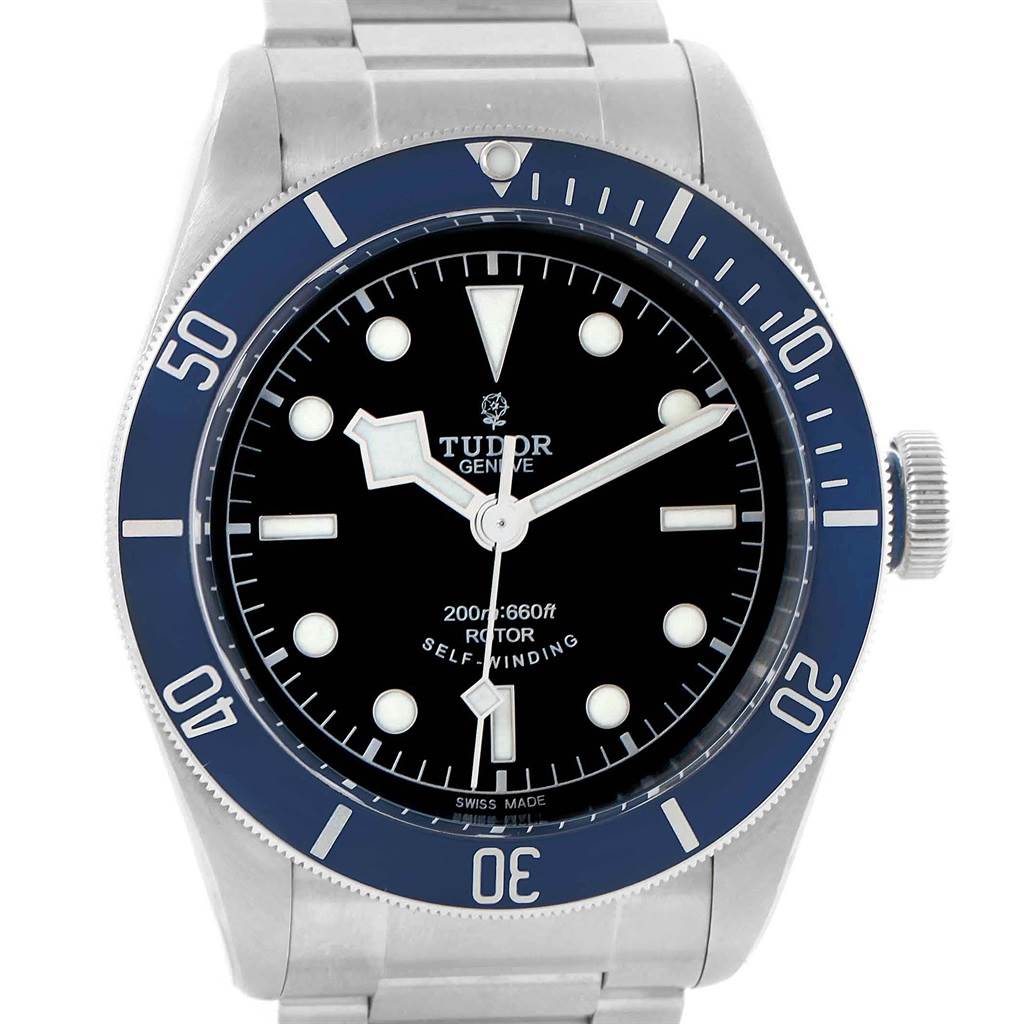 This image shows a front view of the Tudor Heritage Black Bay 79220 Men's Stainless Steel Black Dial 79220 Men's Stainless Steel Black Dial watch, displaying the dial, bezel, crown, and bracelet.