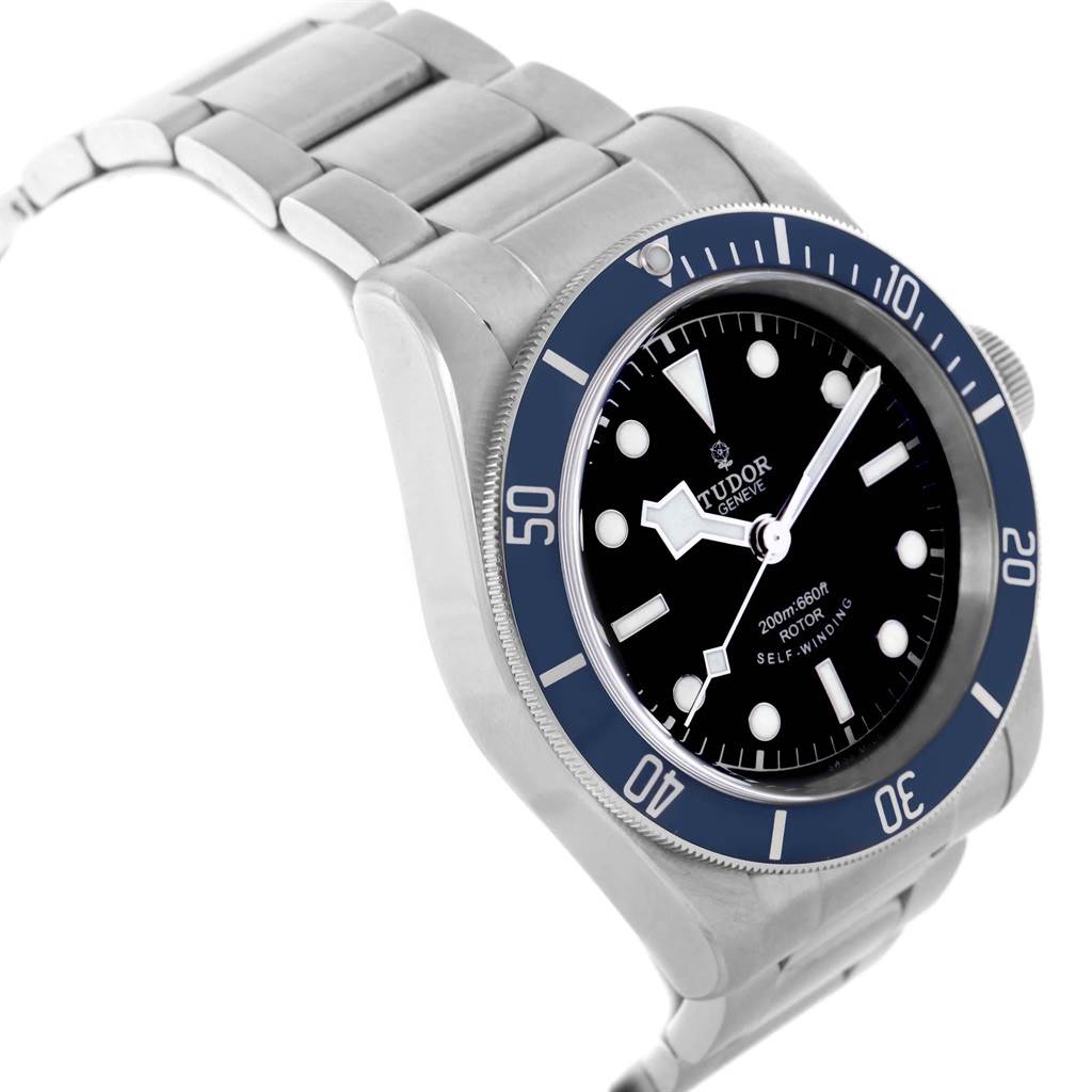 The Tudor Heritage Black Bay 79220 Men's Stainless Steel Black Dial 79220 Men's Stainless Steel Black Dial watch is shown at an angle displaying the dial, bezel, and part of the stainless steel bracelet.
