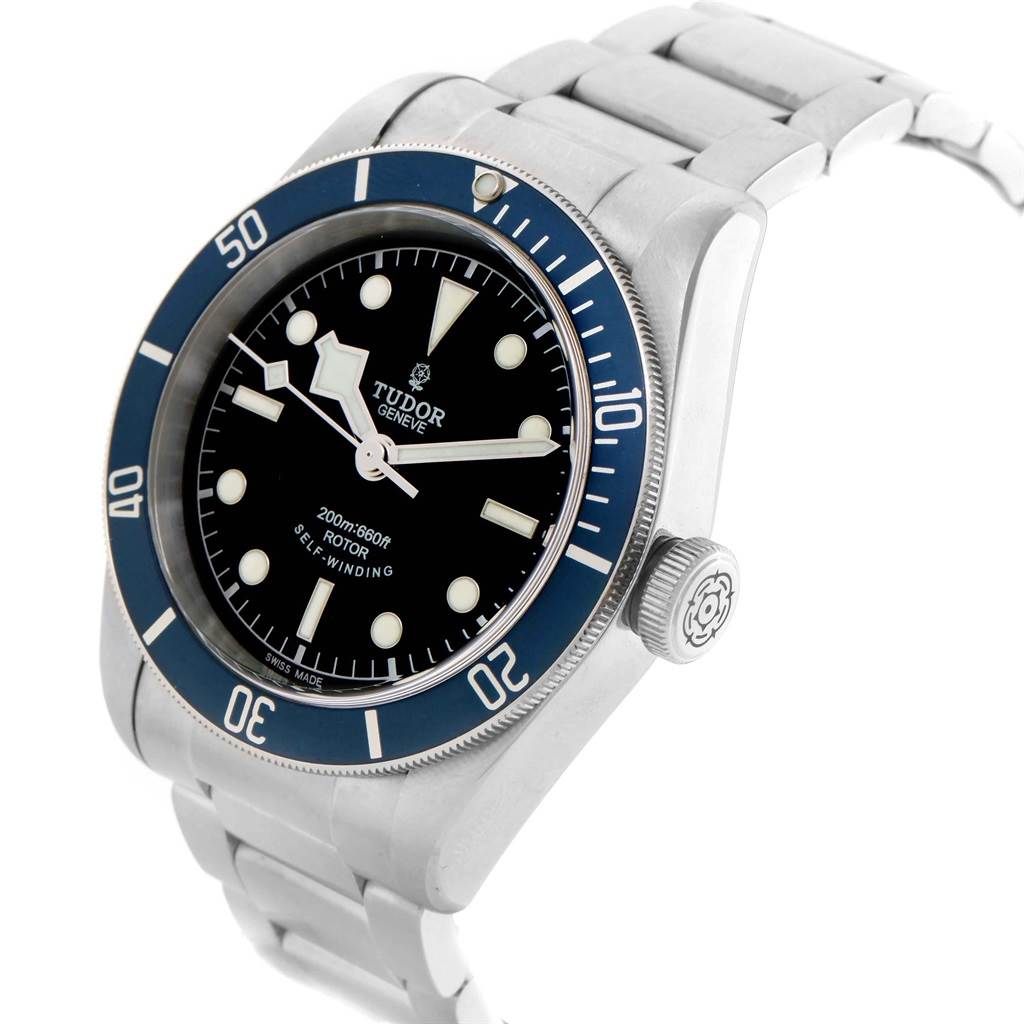 This image shows a Tudor Heritage Black Bay 79220 Men's Stainless Steel Black Dial 79220 Men's Stainless Steel Black Dial watch from a front and slightly angled perspective, with its dial, bezel, crown, and bracelet visible.