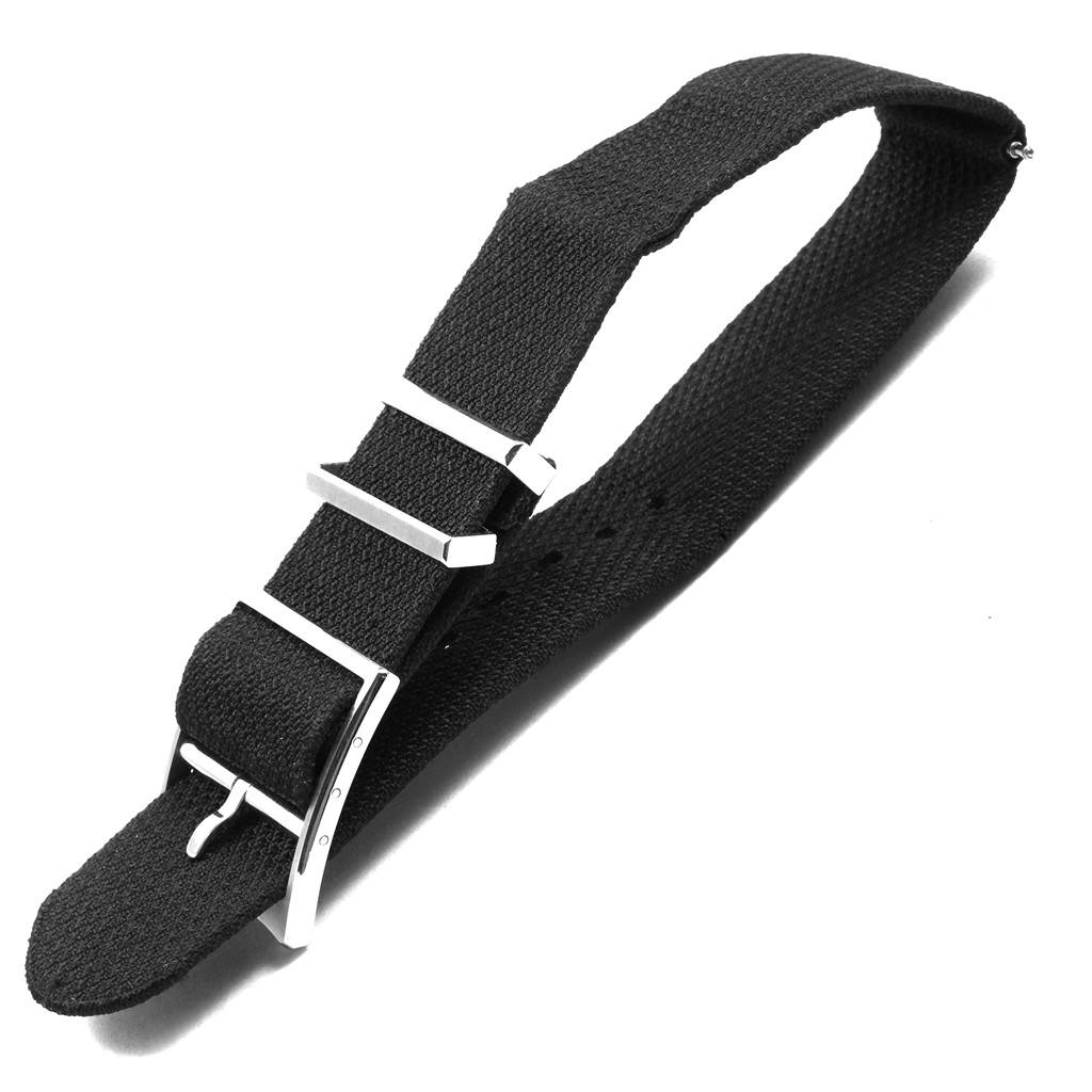 The image shows a black fabric watch strap with a silver buckle and loops from a Tudor Heritage Black Bay 55020 Men's Stainless Steel Black Dial 55020 Men's Stainless Steel Black Dial model.