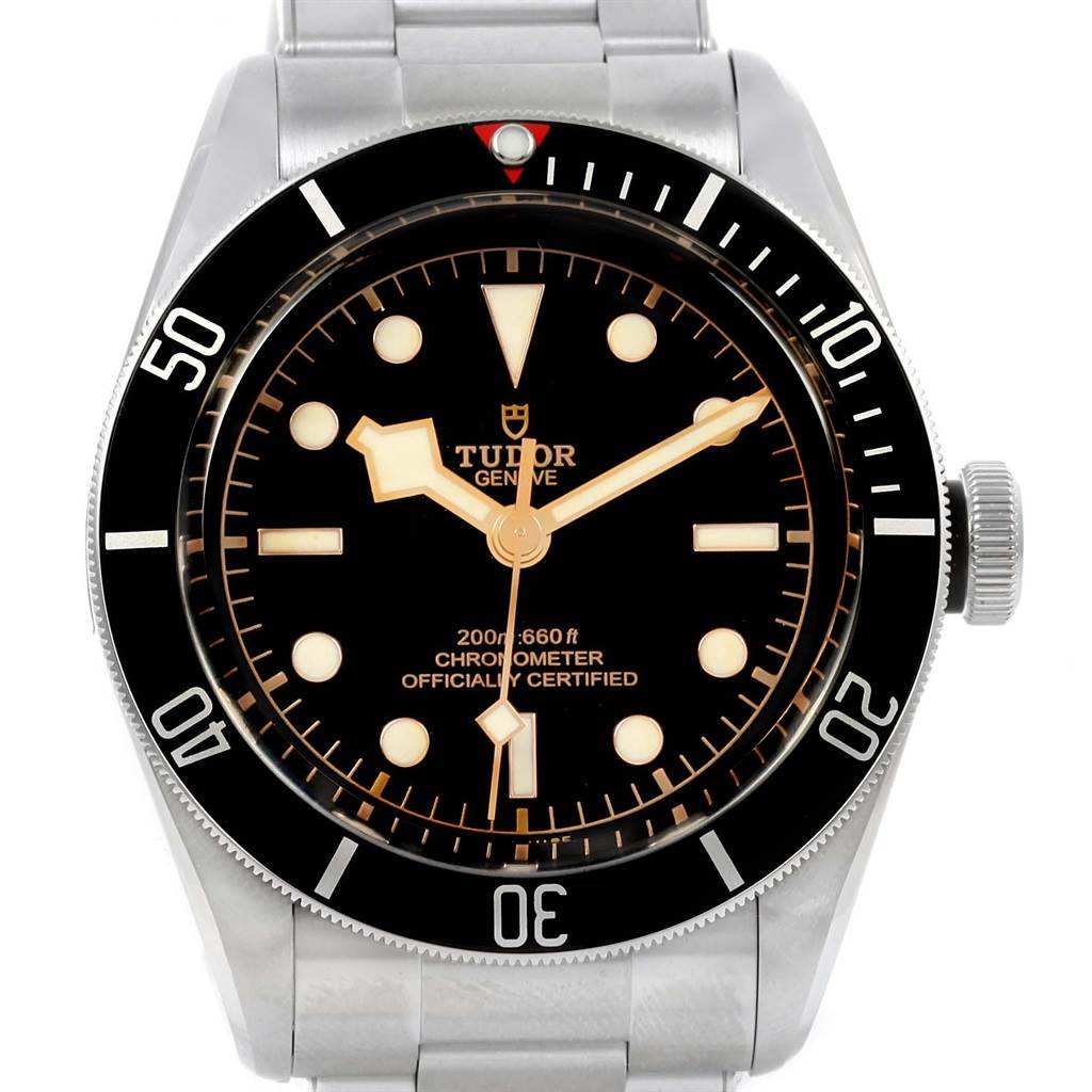 This image shows the dial, bezel, and part of the stainless steel bracelet of the Tudor Heritage Black Bay 55020 Men's Stainless Steel Black Dial 55020 Men's Stainless Steel Black Dial watch from a top-down angle.