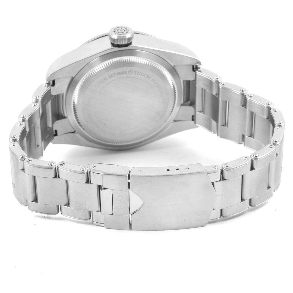 The image shows the back case and bracelet of the Tudor Heritage Black Bay 55020 Men's Stainless Steel Black Dial 55020 Men's Stainless Steel Black Dial watch from an underside angle.